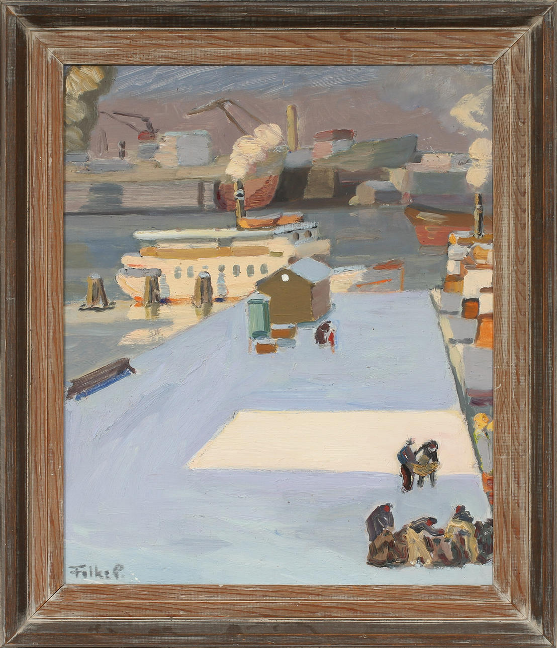 FOLKE PERSSON. "Solfläck på träpiren, vinter". Olja på pannå, signerad.