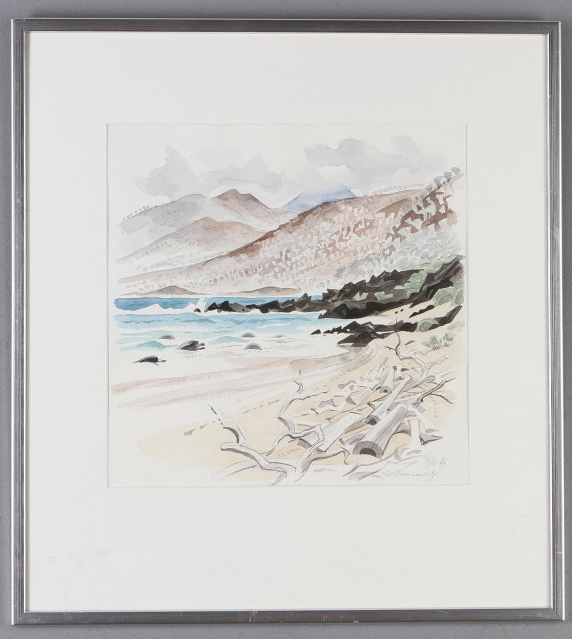GUNNAR BRUSEWITZ. Strand med drivved, akvarell, signerad och daterad 14/11-86.