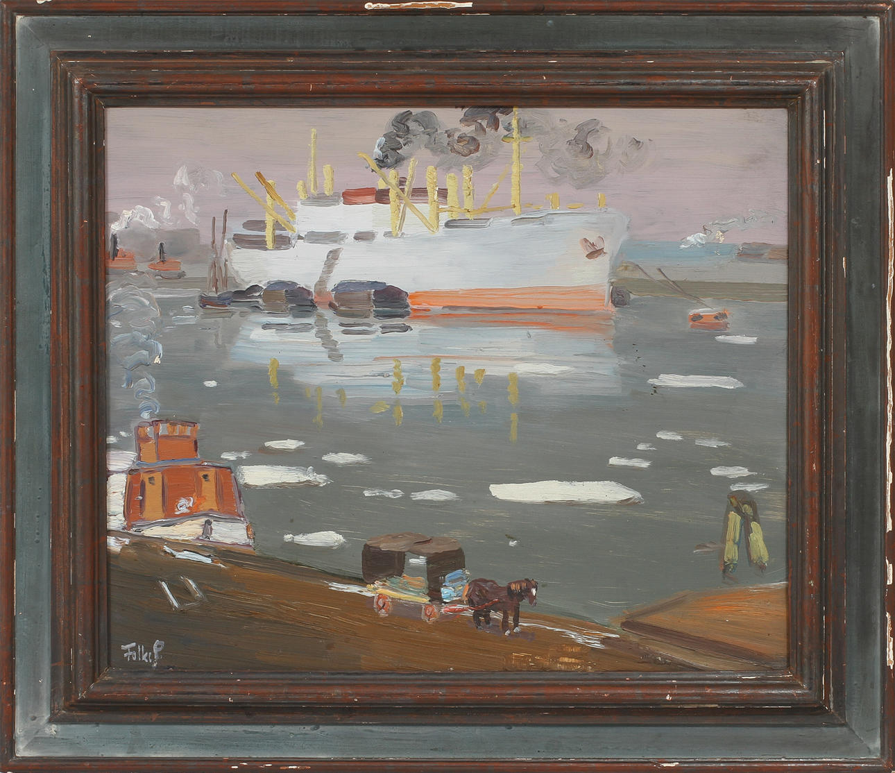 FOLKE PERSSON. Motiv från Göteborgs hamn. Olja på pannå, signerad.