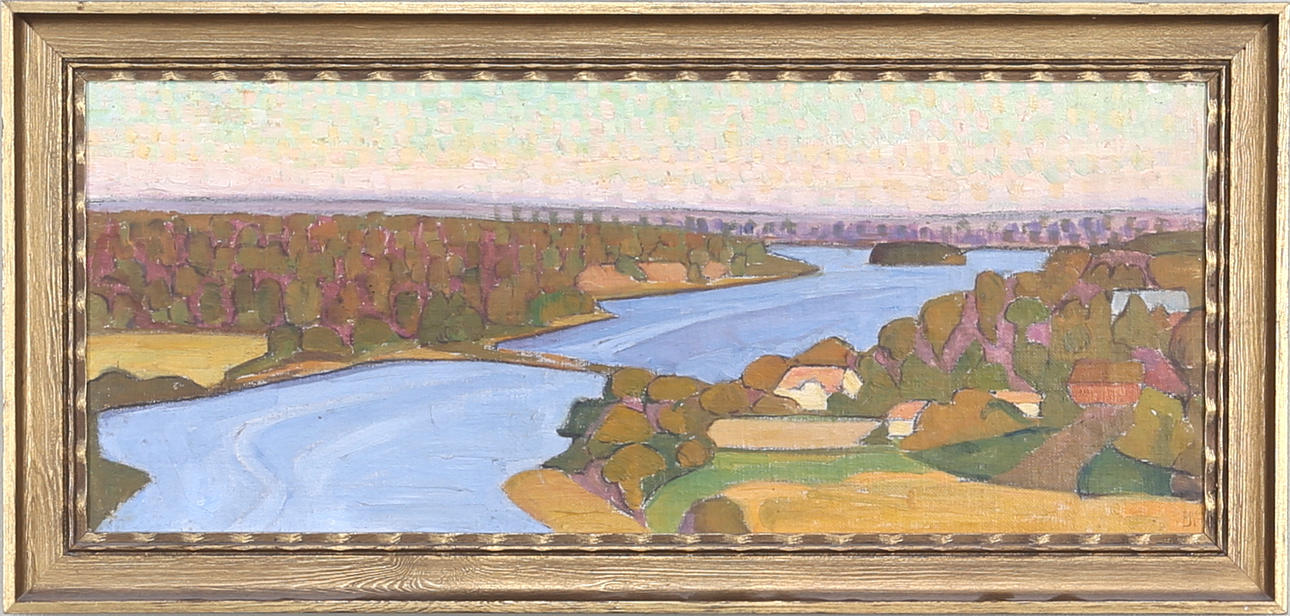 OKÄND KONSTNÄR. Älven, olja på pannå, bär signatur.