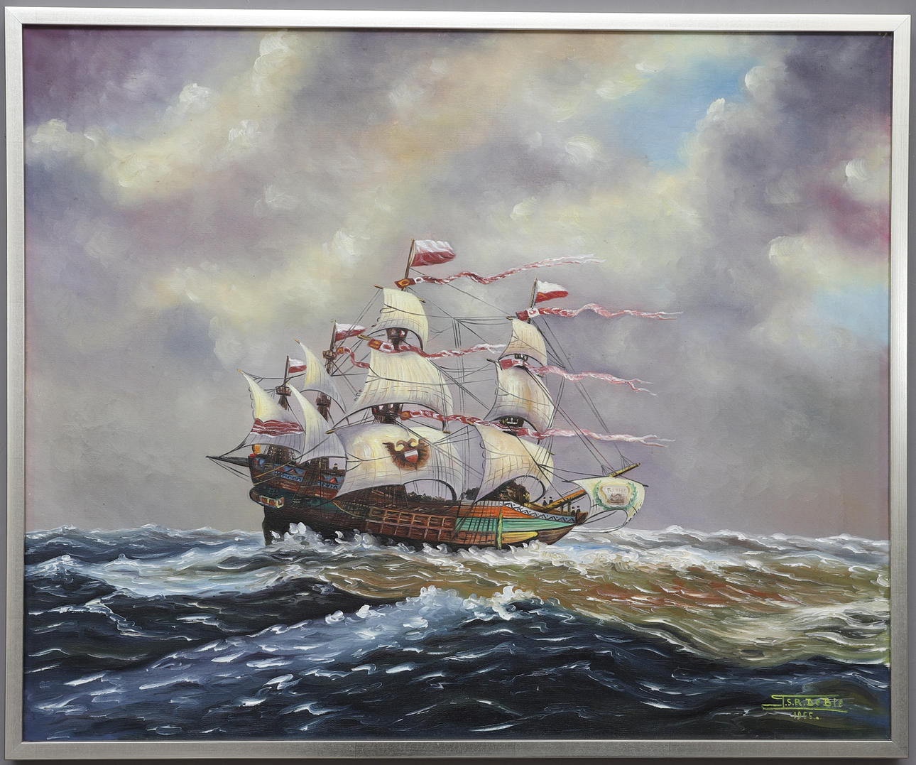 JOHN SEBASTIAN ALBERT DE BIE. oil on canvas, ship with Polish flag, signed JSA De Bie, dated 1955.
