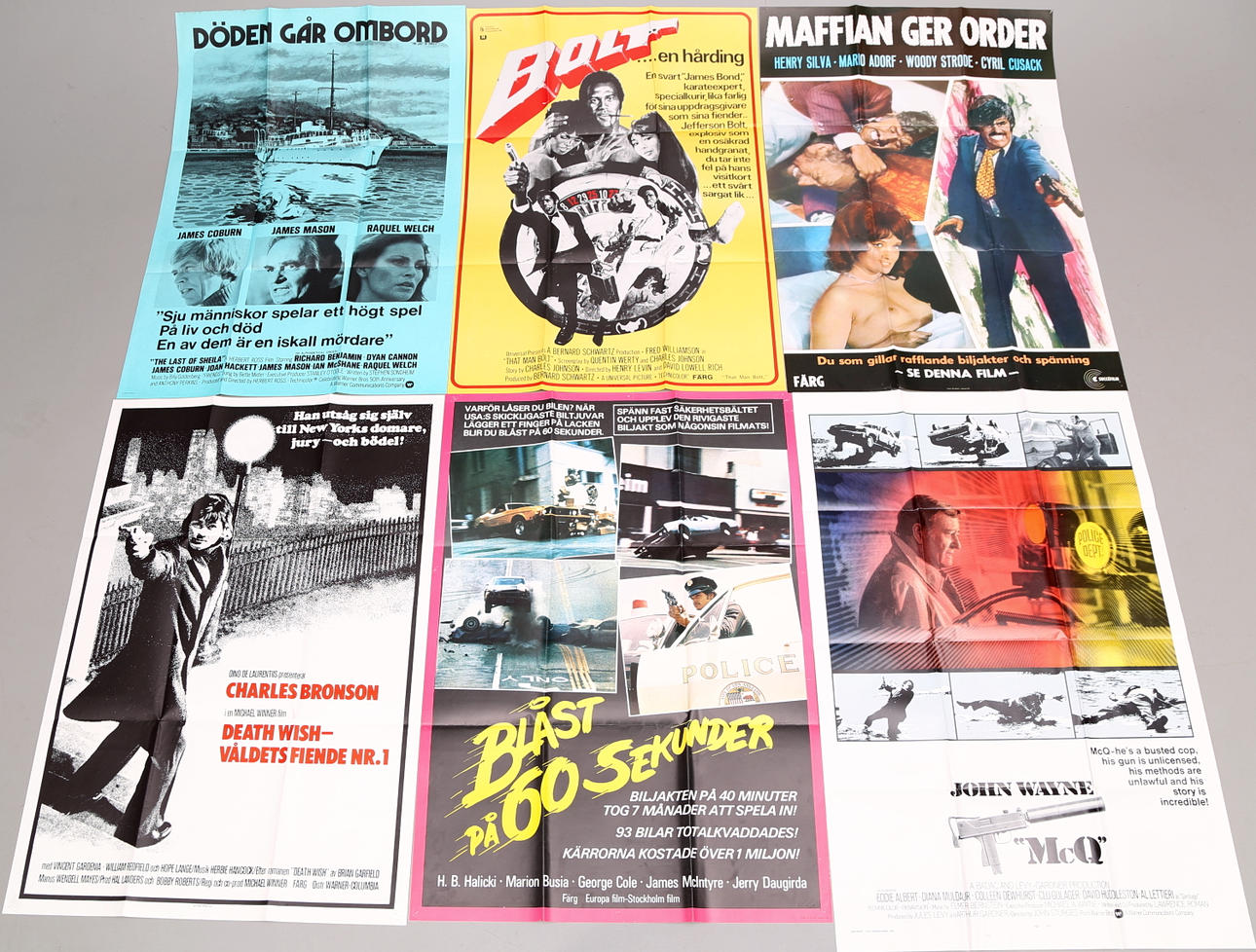 FILMAFFISCHER 6 st. Action, Charles Bronson, John Wayne mfl 1970-tal.