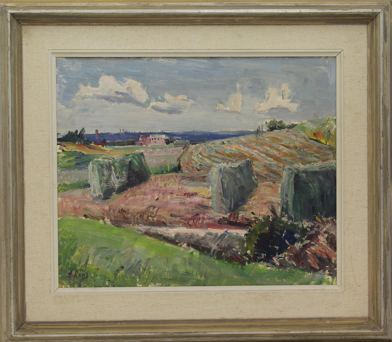 ALEXANDER ROOS. Landskap vid havet. Olja på pannå. Signerad A Roos.