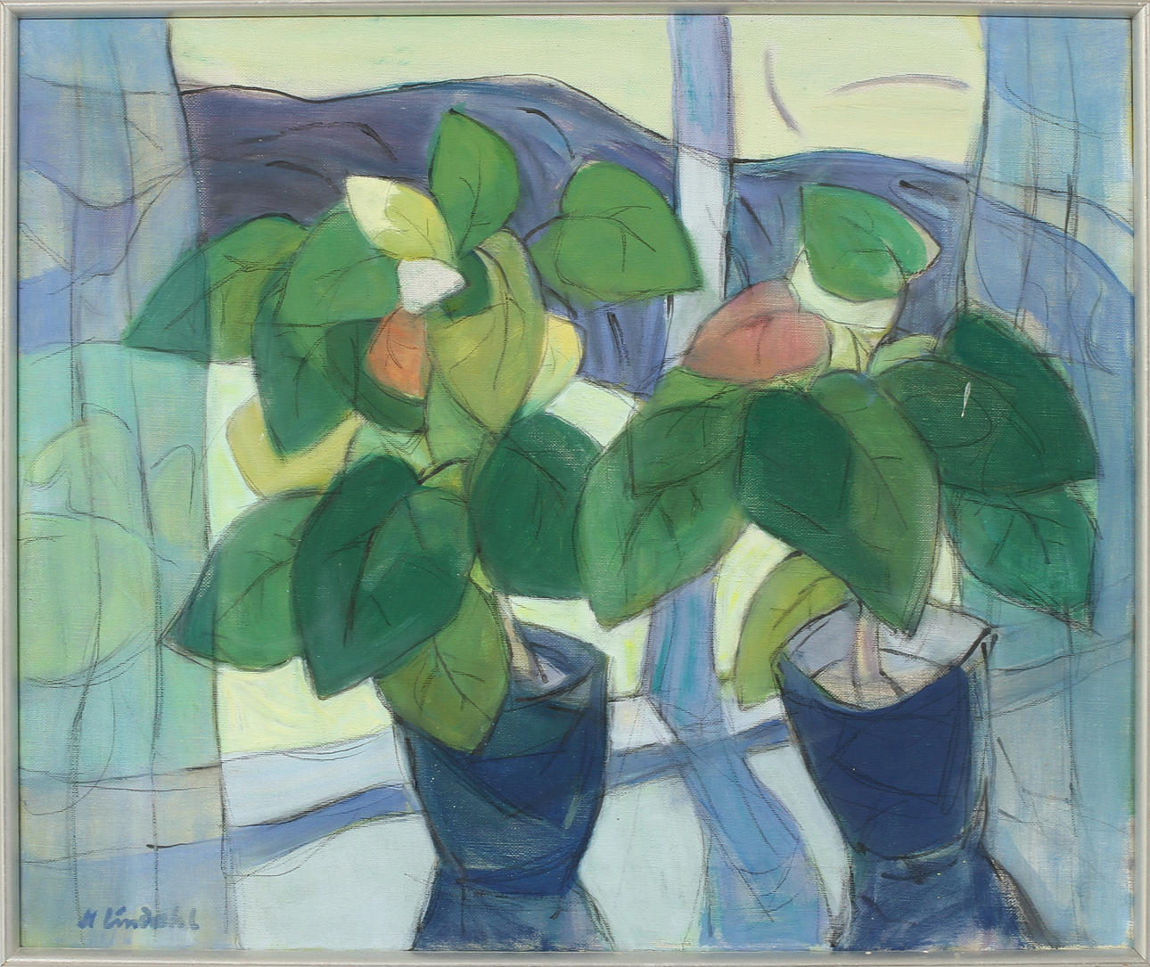 HELGE LINDAHL. "Bladväxter i fönster". Olja på duk, signerad averso samt signerad och daterad -80 a tergo.