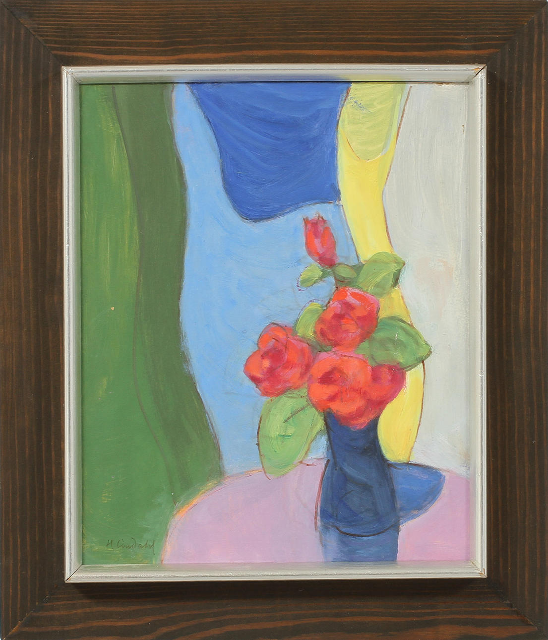 HELGE LINDAHL. "Blommor i vas II"-84, "Liggande modell"-80 och "Utestängd"-77. Olja på pannå, 3 st, signerade.