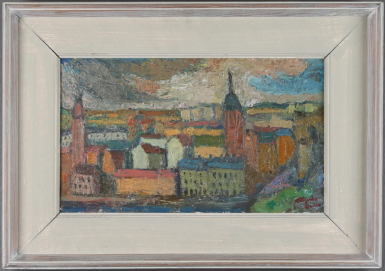 MARGARETA WALLIN-KYLANDER. Olja på duk,"Riddarholmen gamla stan Stockholm", signerad.