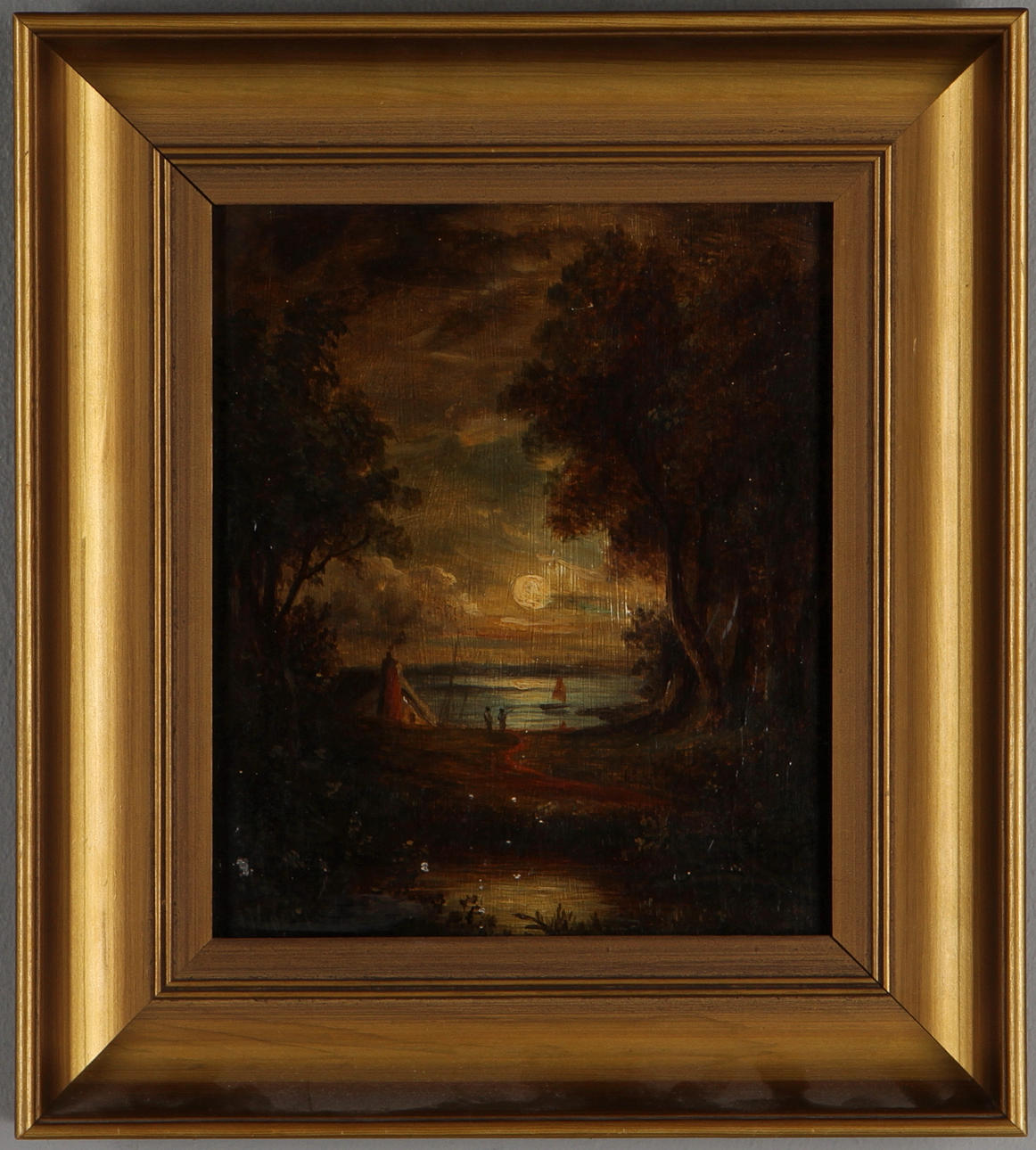 OKÄND KONSTNÄR. Kustmotiv med skog och hus, olja på pannå, osignerad, 17/1800-tal.