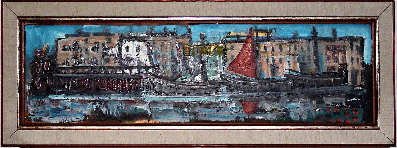 LOUIS ZELIG. olja på pannå, Nyhamn Köpenhamn, signerad.