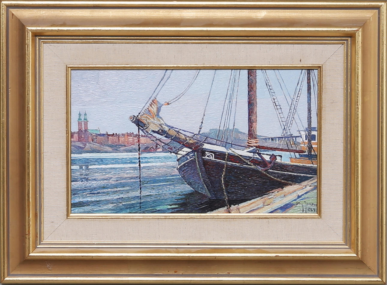 STIG JONZON. "Skuta vid Norr Mälarstrand Stockholm" olja på pannå, signerad o daterad Stig Jonzon 1964.