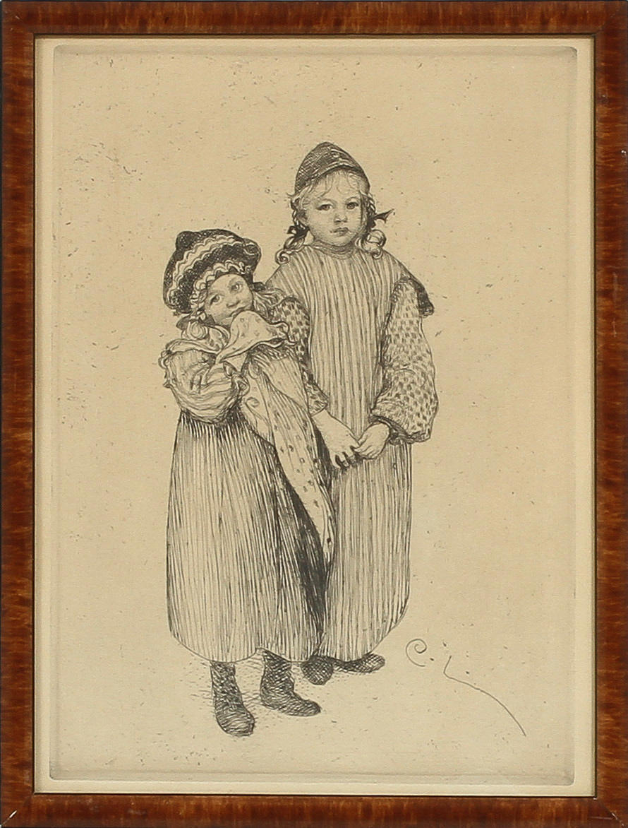 CARL LARSSON. "Snickare Hellbergs ungar" etsning, signerad i plåten.