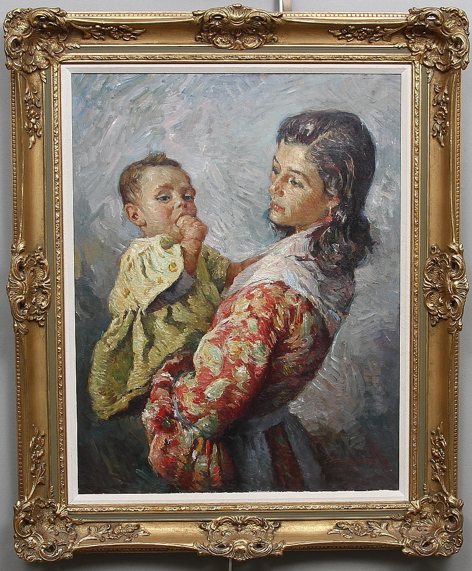 JOSE MANUEL CHICO PRATS. Olja på duk, mamma med barn, signerad Chico Prats.