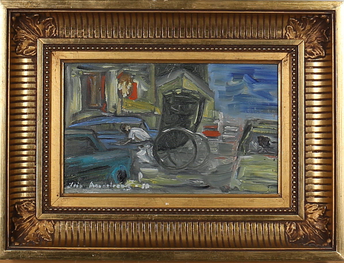 OIDENTIFIERAD KONSTNÄR. Rikschaw bland biltrafik. Olja på duk. Otydligt signerad.