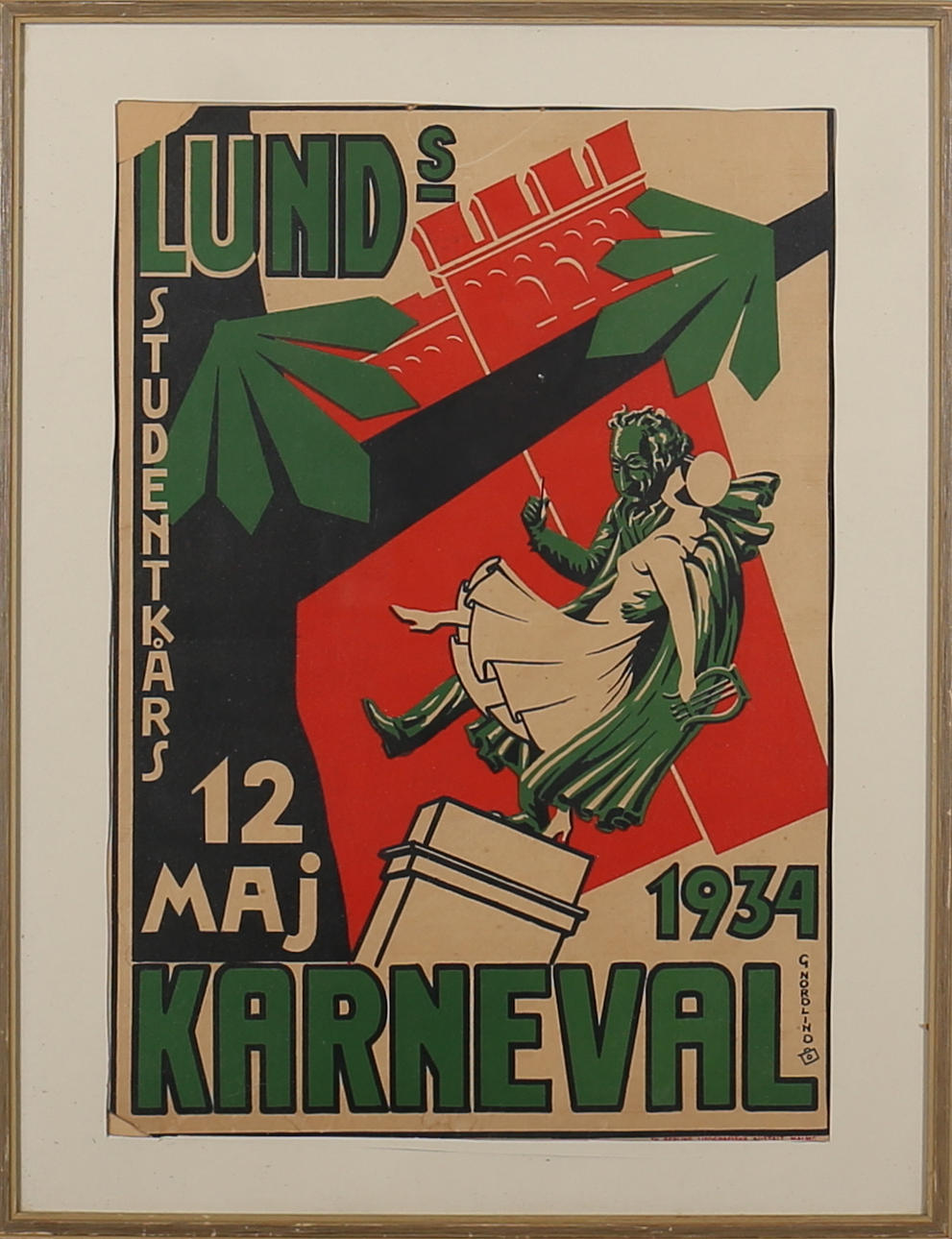 OIDENTIFIERAD KONSTNÄR. Lundakarnevalen 1934. Färglitografiskt tryck. Göran Lind.