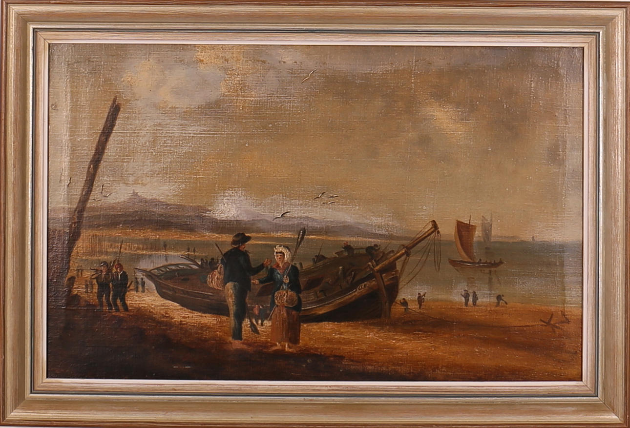 OKÄND KONSTNÄR. Konversation på strand. Olja på duk, 1800-talets slut. Osignerd.