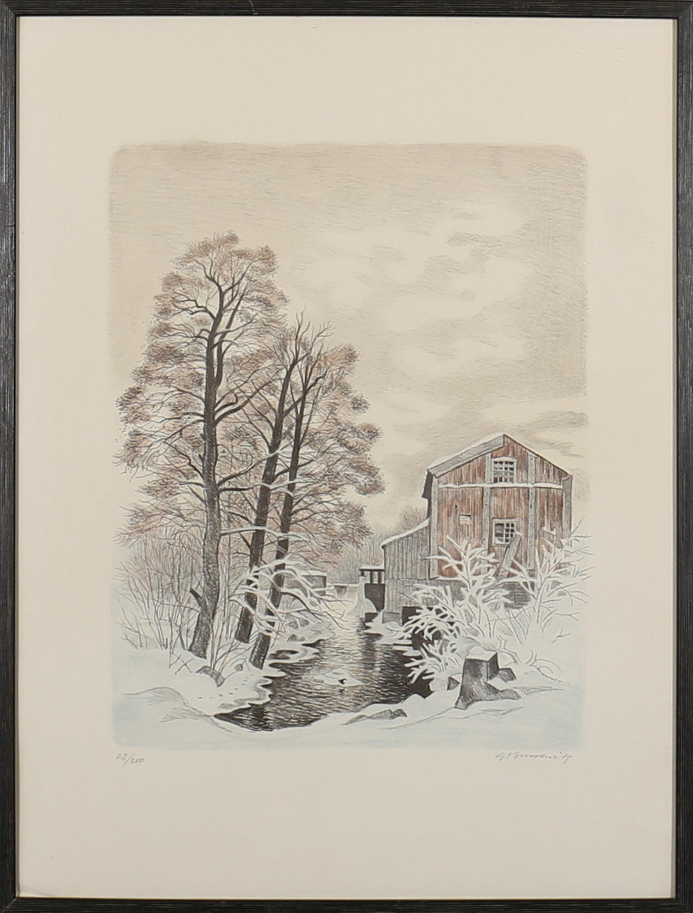 GUNNAR BRUSEWITZ. Röbacka kvarn. Färglitografi. Signerad G Bruzewitz och numrerad 23/200.