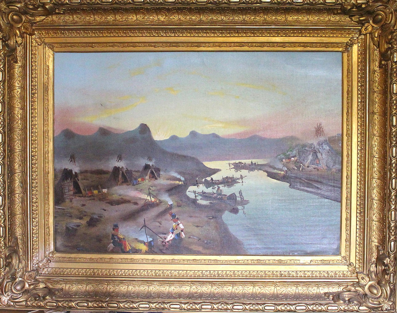 COSTER. olja på duk, läger vid sjöstrand, signerad atergo.