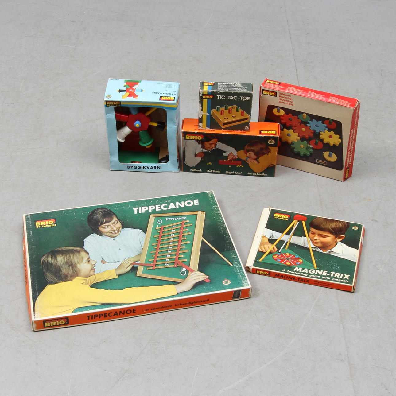 TRÄLEKSAKER BRIO. 6 stycken i originalkartonger.