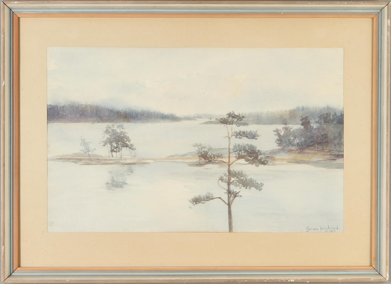 GERDA HÖGLUND. Insjölandskap, akvarell, signerad och daterad 1913.