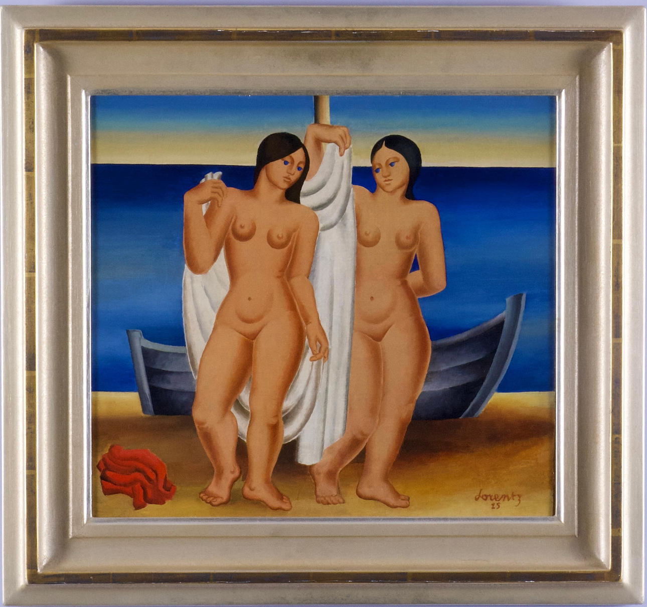 WALDEMAR LORENTZON. "Badande flickor", olja på pannå, signerad samt daterad 1925.