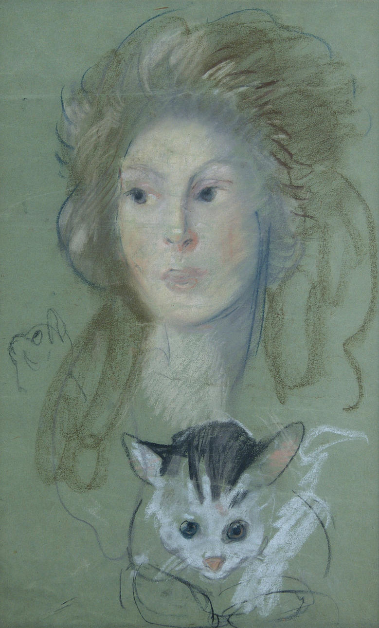 FRIEDRICH ATTENHUBER. ”Porträtt av en kvinna med katter.” Krita/grönt papper.
