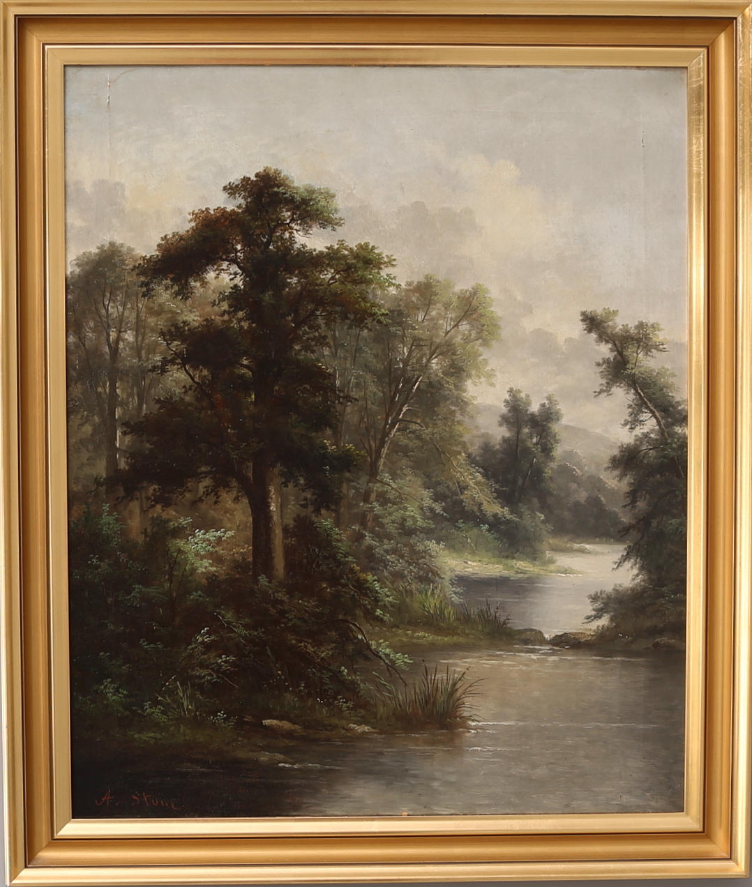 A. STONE. Olja på duk, Pastoralt landskap, signerad A. Stone, 1800-/1900-tal.