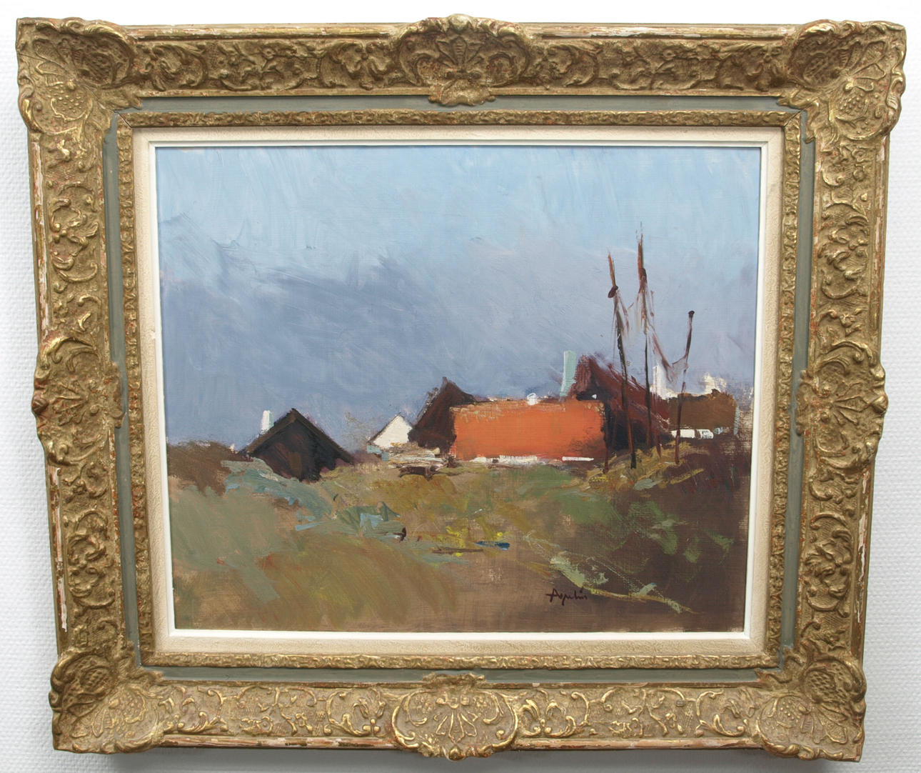 ARNE ASPELIN. Fiskeläge, olja på pannå, signerad Aspelin.