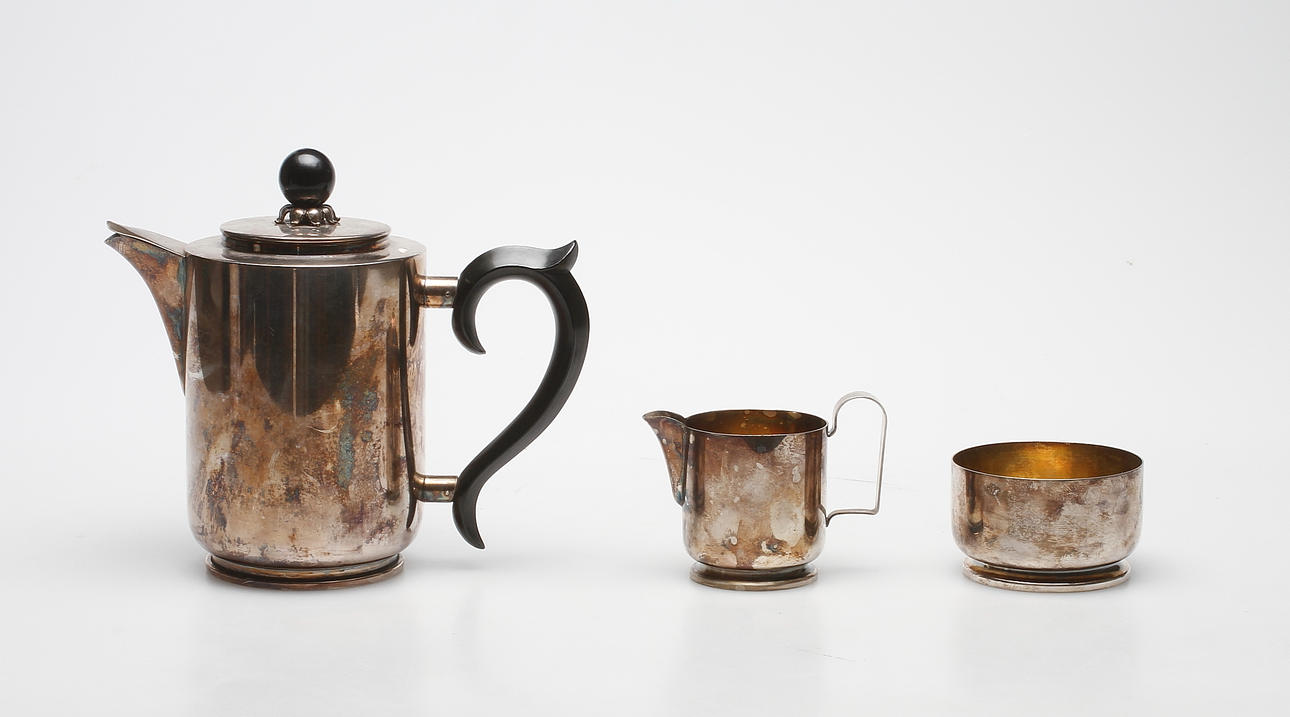 KAFFESERVIS, 3 delar, nysilver, CG Hallberg, 1900-talets första hälft.