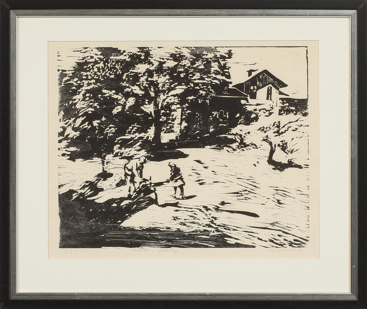 LARS LERIN. "Sommar i Tjustersby", träsnitt, signerad och numrerad 127/130.