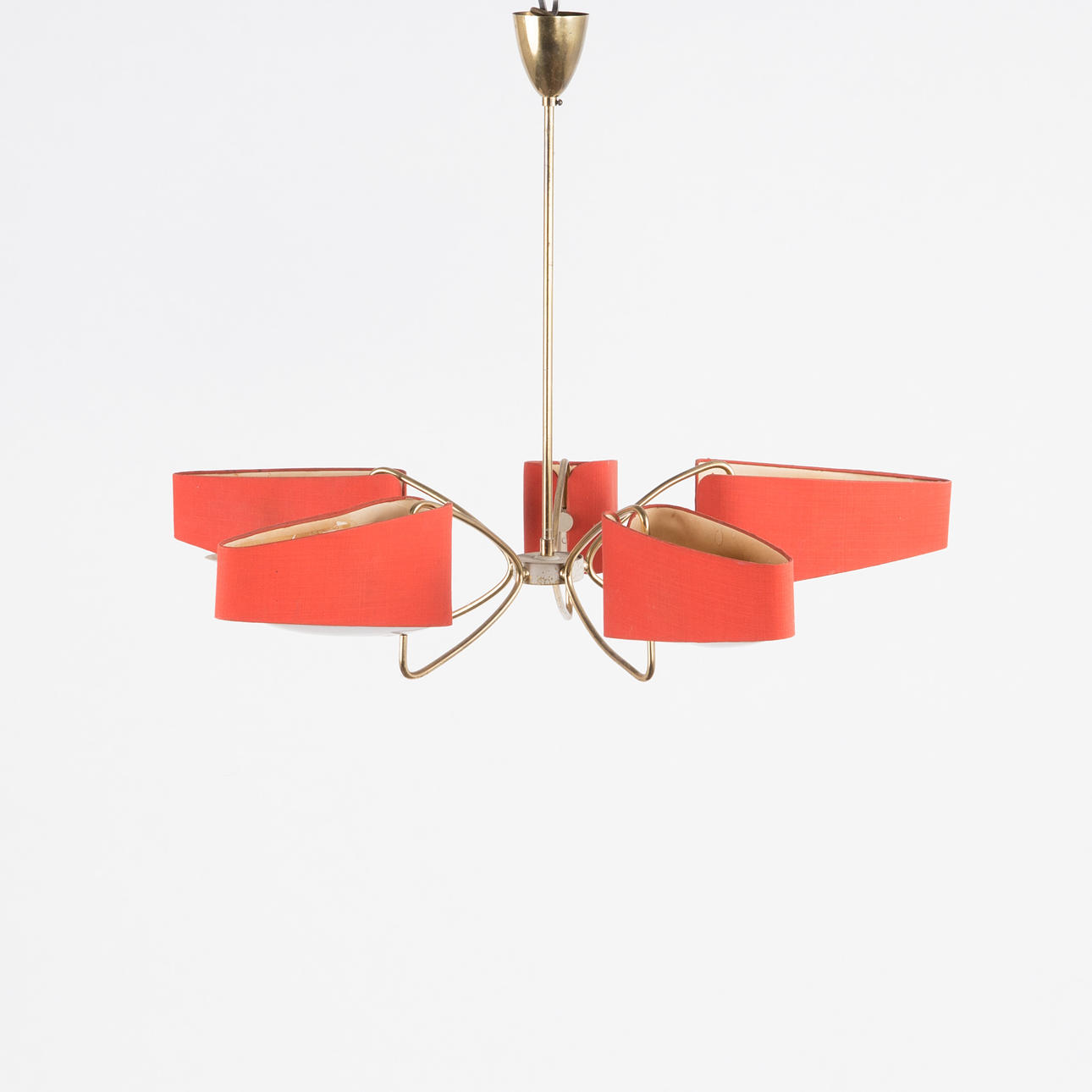 Pendel/loftlampe, messing, stof, plast, 1950'erne.