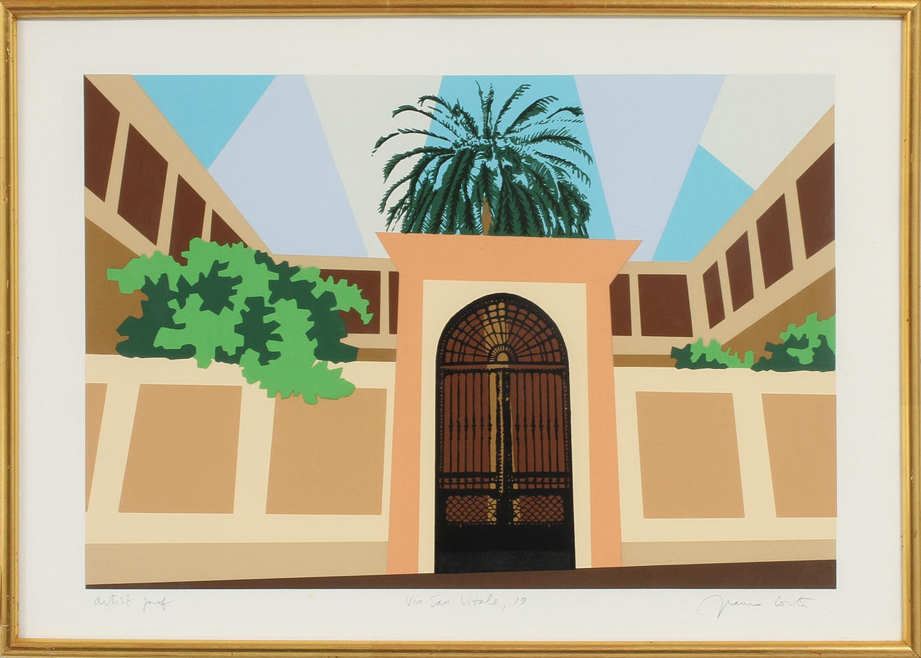 FRANCO COSTA. "Via San Vitale, 19", litografi, signerad.