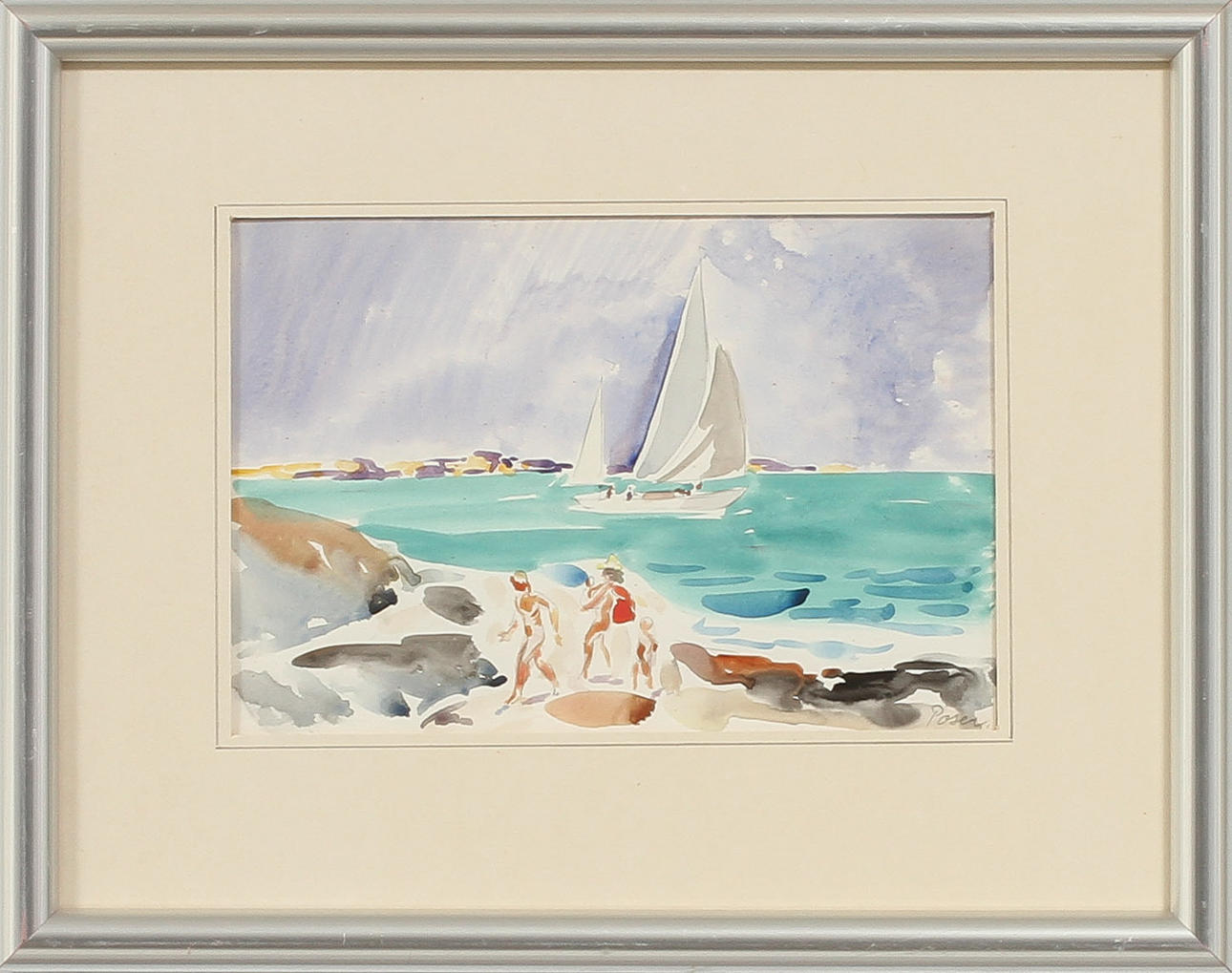 MARTIN POSER. "Nudistbadare, Marstrand", akvarell, signerad.