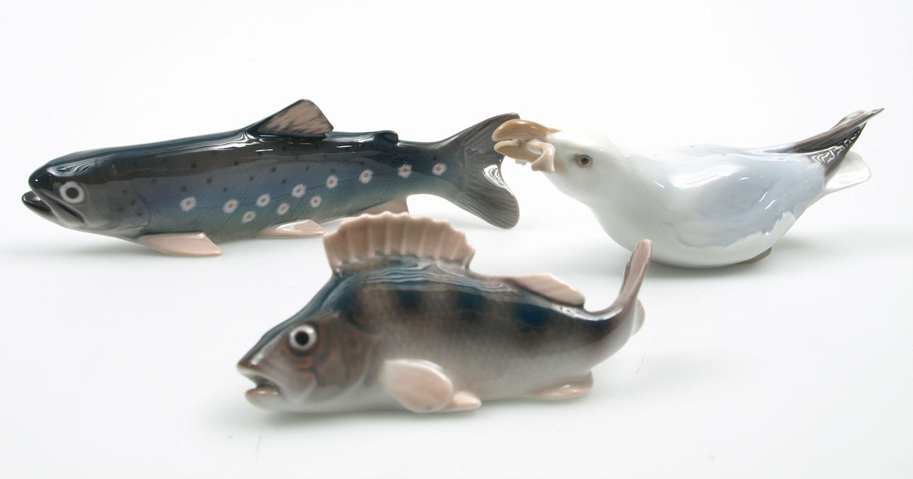 FIGURINER, porslin, 3 stycken, fiskar och fågel, Bing&Gröndahl.