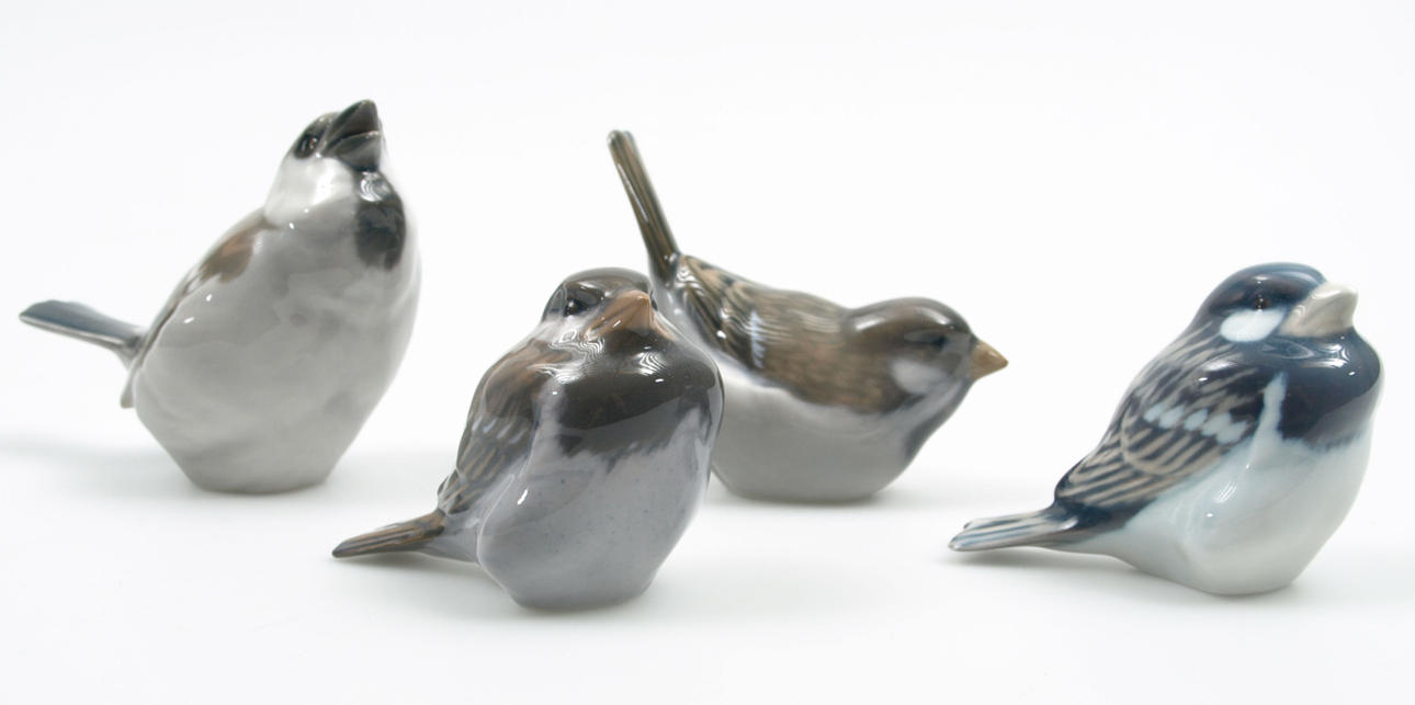 FIGURINER, porslin, 4 stycken, fåglar, Kunglig Dansk och Bing&Gröndahl.