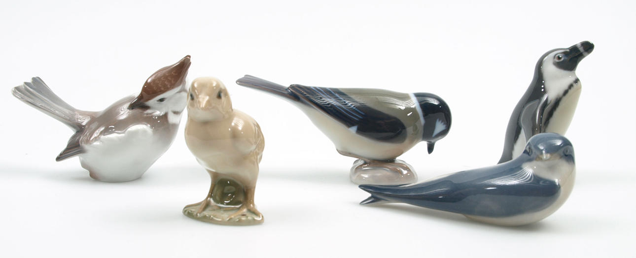 FIGURINER, porslin, 5 stycken, fåglar, Kunglig Dansk och Bing&Gröndahl.