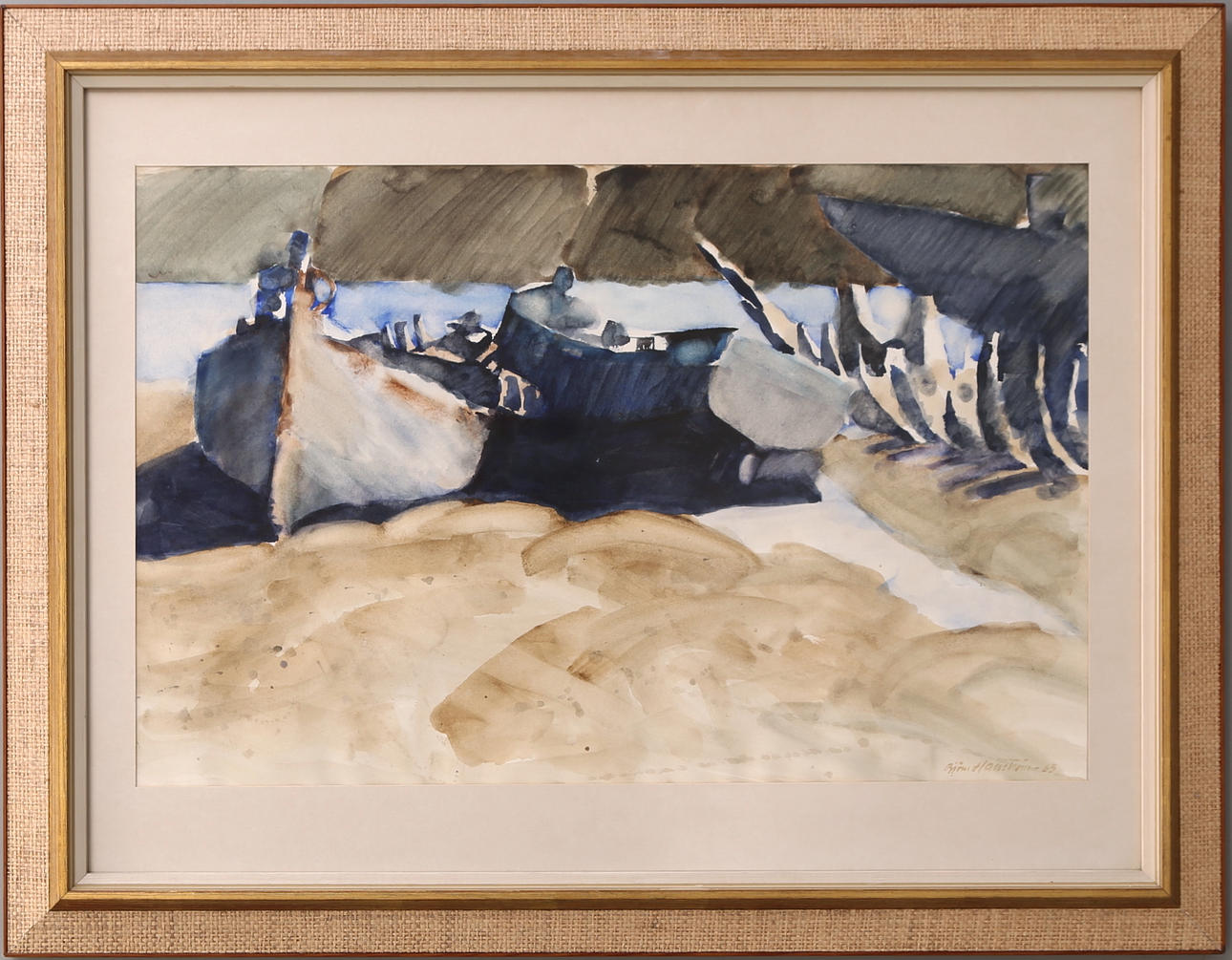 BJÖRN HALLSTRÖM. Akvarell, Båtar på strand, signerad och daterad -65.