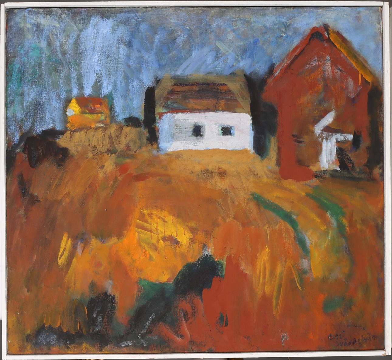 CISSI SVÄRDSTRÖM. Landskap med hus. Olja på duk, signerad.