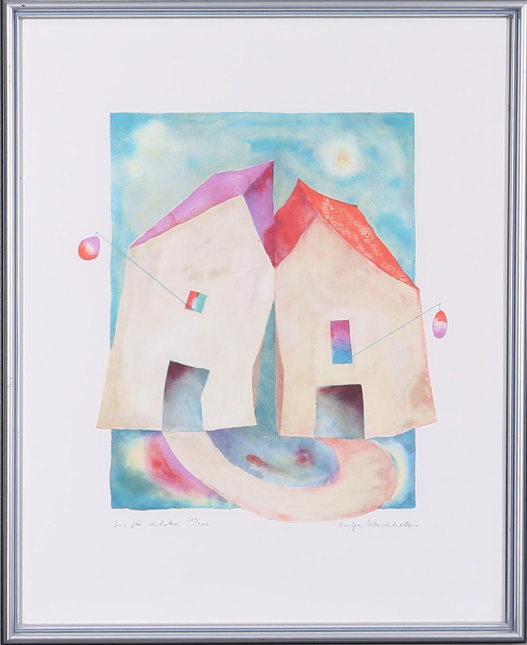 HELGA WACHHOLZ. "Hus för delsbo", färglitografi, signerad Helga Wachholz.