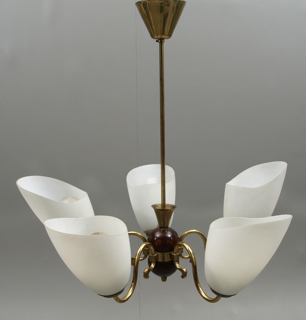 TAKLAMPA, 5 armar, glaskupor, 1930-40-tal.