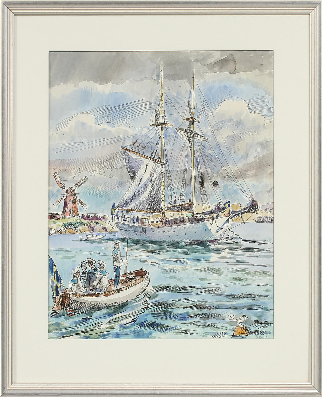 MARTIN POSER. Kustbild med segelfartyg, akvarell, signerad.