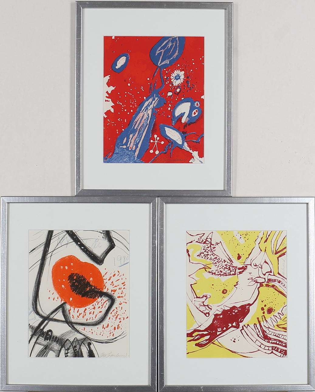 OLLE SVANLUND. PARTI TAVLOR 3 st. Färglitografier. Signerade och daterade -91.