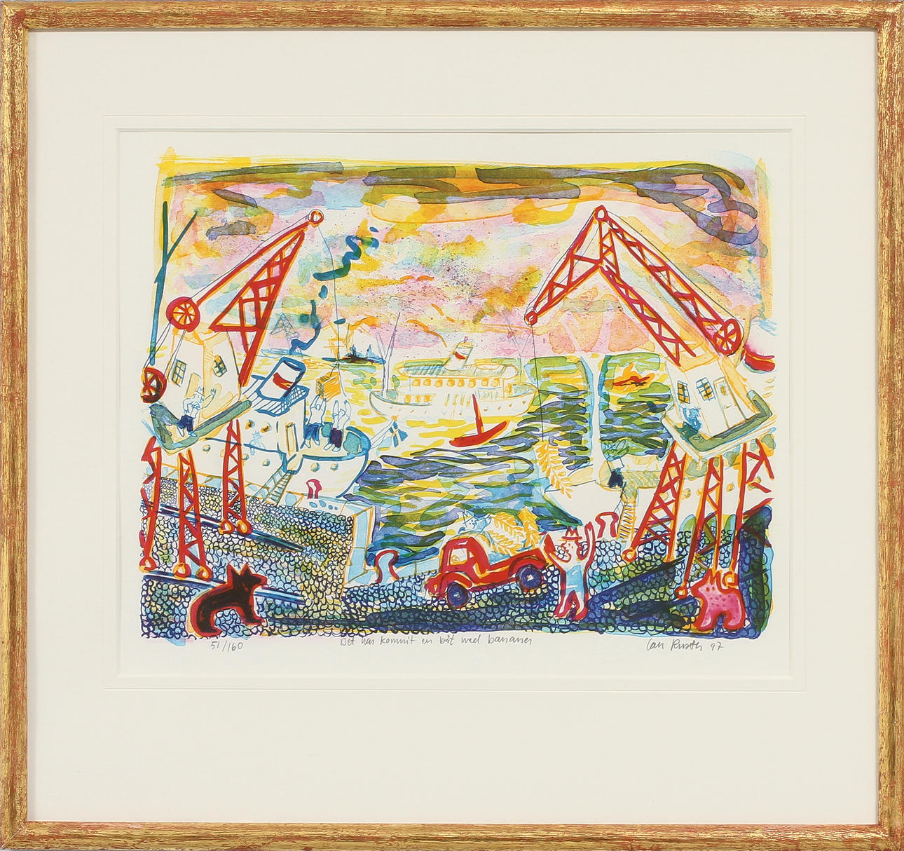 IAN RUSTH. "Det har kommit en båt med bananer" Färglitografi, signerad, numrerad 51/160, daterad 97.