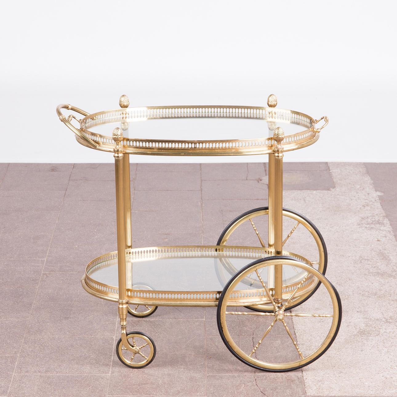 Barwagen / Servierwagen, Messing, Glas.