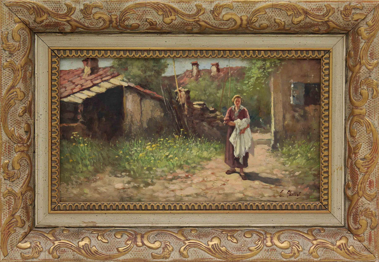 OKÄND KONSTNÄR,1800-TALET. Kvinna på bakgård. Olja på pannå. Signerad.