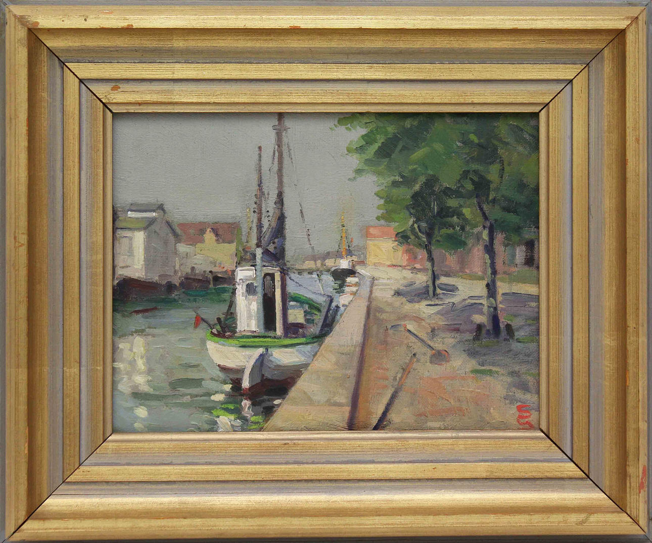 STAVROS PAPASSAVAS. "Pireus hamn". Olja på duk. Monogramsignerad.