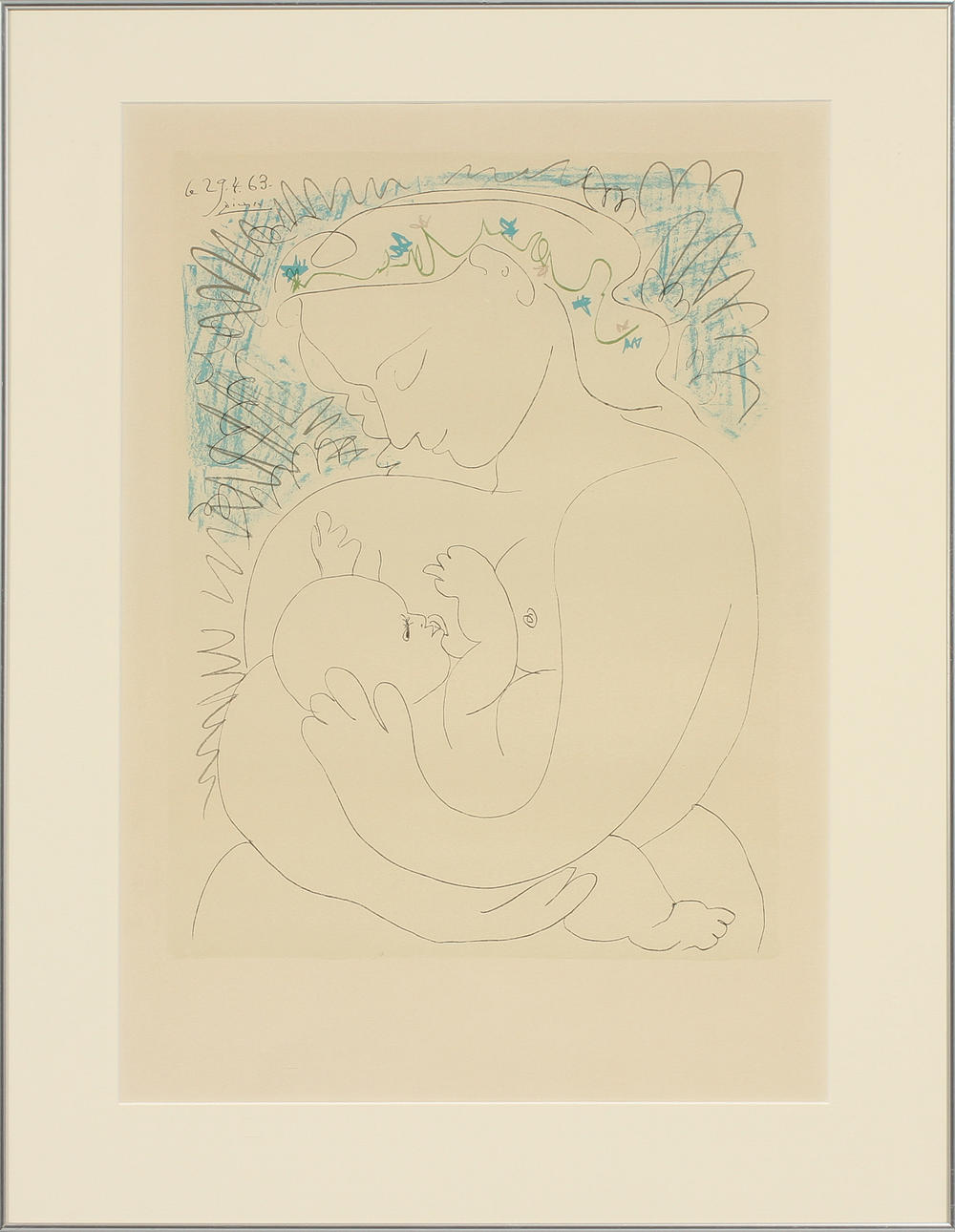 PABLO PICASSO. EFTER. Mor och barn. Färglitografi. Signerad och daterad i trycket.