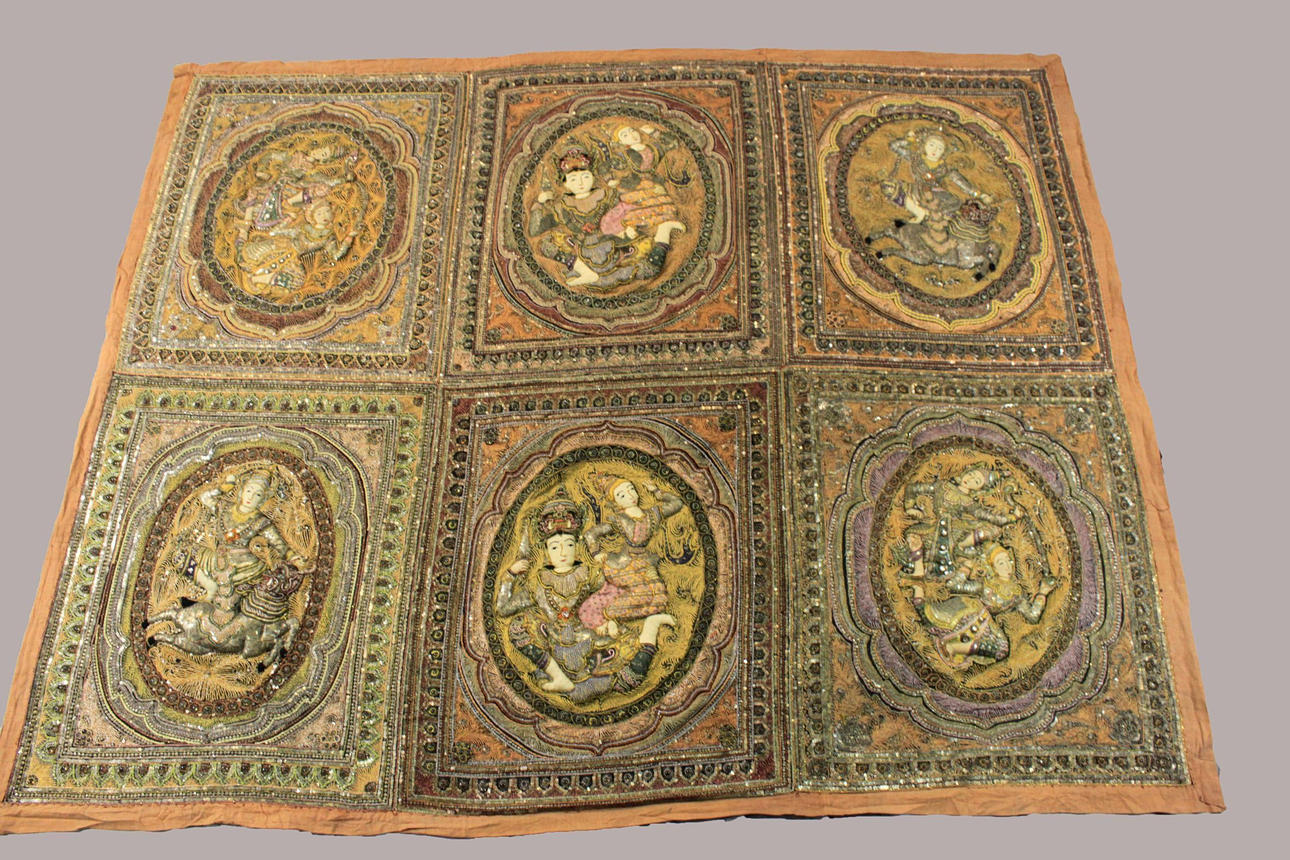 BURMA VÄV SILVER PALJETTER PÄRLA TRÅD BRODERI LINNETYG.