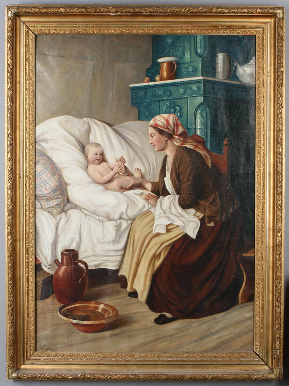 OIDENTIFIERAD KONSTNÄR. Interiör med mor och barn, olja på duk, otydligt signerad G. Falck.