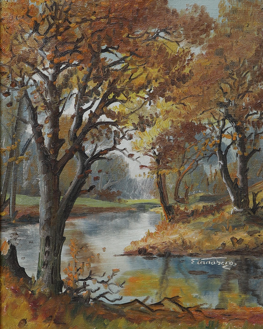 EINAR LANDBERG. Oil on canvas, stream flowing through autumn forest, signed E. Landberg.