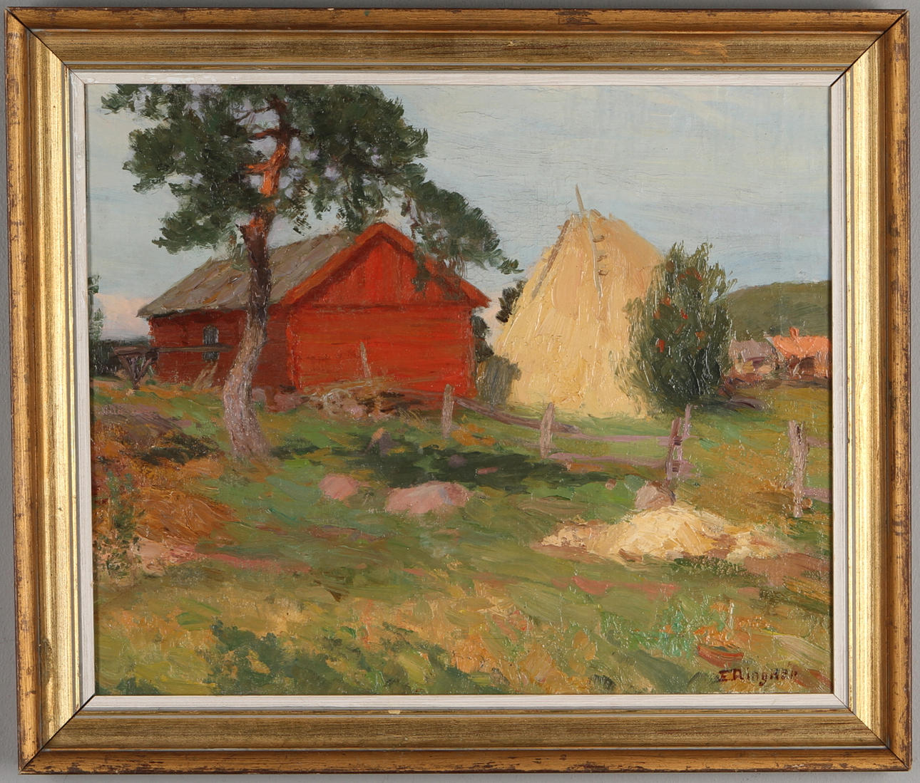 ENOCH RINGNÉR. Gårdsmotiv, olja på pannå, signerad.