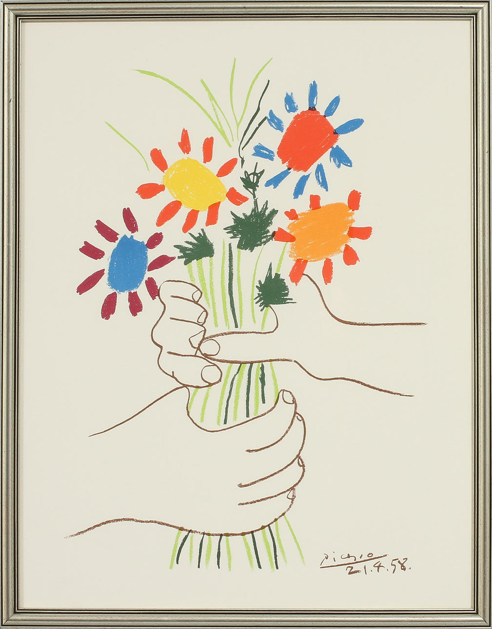 PABLO PICASSO. EFTER. "Fleurs et mains". Färglitografi, signerad och daterad i trycket.